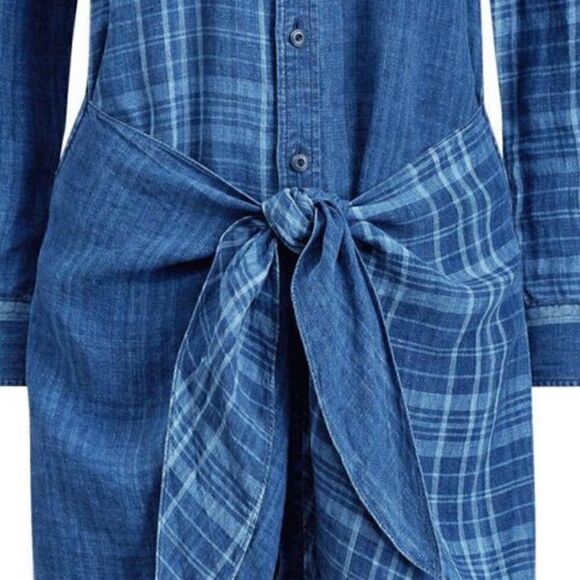 Polo Ralph Lauren Indigo Dyed Blue Plaid Linen Tie Front Sarong Shirt Dress - Picture 7 of 16